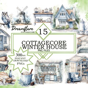 Aquarela Winterhouse Cottagecore PNG clipart, estilo tema de inverno Cottagecore arquivo digital estético, uso comercial, PNG imprimível