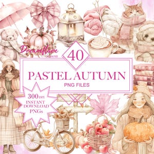 Könnte beinhalten: Ein Set mit 40 digitalen Clipart-Bildern zum Thema Pastell-Herbst. Die Bilder beinhalten ein Mädchen mit einem karierten Rock, eine Katze mit einem Schal, einen Hund mit einem Schal, einen Kürbis, eine Laterne, eine Tasse Kaffee, einen Korb mit Äpfeln, ein Fahrrad, einen Bücherstapel, eine Schleife, einen gestrickten Schal und ein Schild mit der Aufschrift "Pastell Herbst".