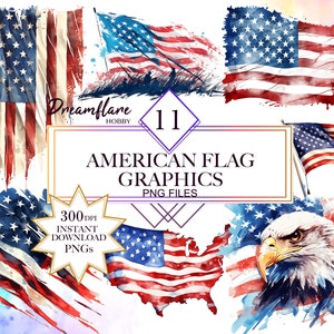 Pacchetto PNG bandiera americana dell'acquerello, clipart del 4 luglio, giorno dell'indipendenza, 4 luglio, bandiera USA PNG, grafica patriottica, uso commerciale