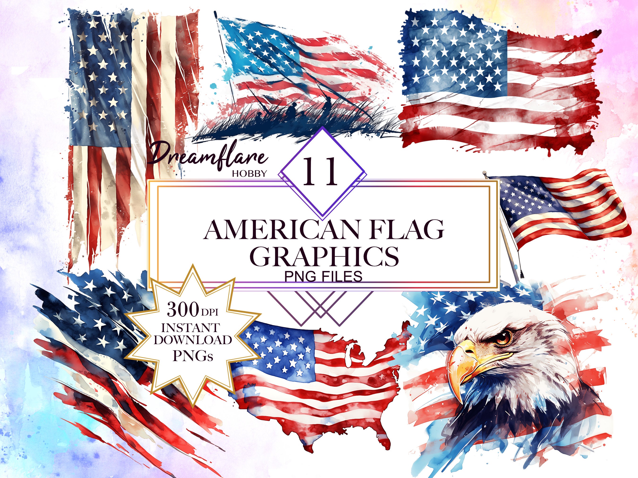 Watercolor American Flag PNG Bundle, 4th of July Clipart, Independence ...
