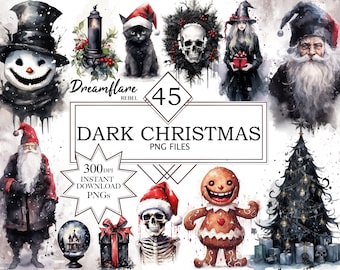 Op de afbeelding: Een set van 45 digitale illustraties met een donker en griezelig kerstthema. De illustraties omvatten een sneeuwpop met een sinistere grijns, een zwarte kat, een schedelkrans, een heks, een peperkoekman, een skelet, een kerstboom en een kerstman met een lange witte baard. De illustraties zijn in aquarelstijl en perfect om unieke en feestelijke ontwerpen te maken.