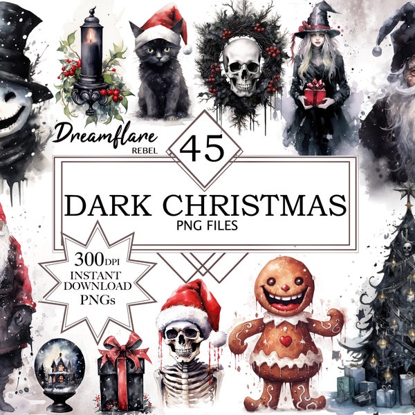 45 Dark Christmas Watercolor Clipart PNG, Gothic Spooky Christmas Clipart Bundle, Printable Digital File, Christmas Clipart, Commercial Use
