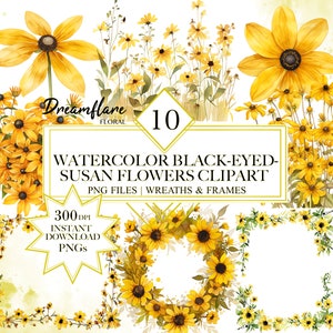 Watercolor Black Eyed Susan Flowers Clipart Bundle, Yellow Daisy Clipart, Wildflowers PNG, Floral Wreath, Digital Download, Commercial use