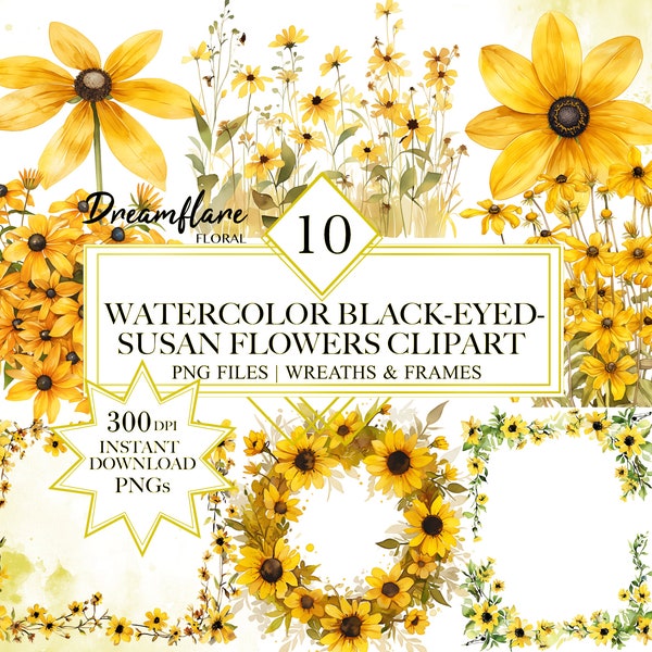 Watercolor Black Eyed Susan Flowers Clipart Bundle, Yellow Daisy Clipart, Wildflowers PNG, Floral Wreath, Digital Download, Commercial use