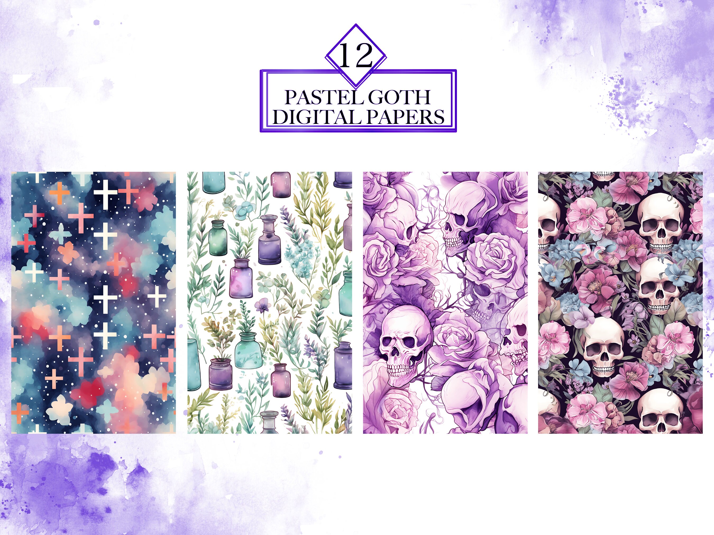 Watercolor Pastel Goth Digital Papers PNG Bundle, Halloween Digital ...
