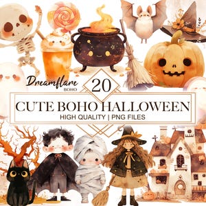 Watercolor Boho Halloween PNG Bundle, Spooky Cute Halloween Clipart, Whimsical Halloween, Kids Halloween, Digital Download, Commercial Use