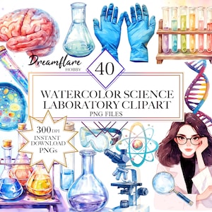 Paquete de imágenes prediseñadas de ciencia de acuarela, imágenes prediseñadas de laboratorio, PNG de biología, imágenes prediseñadas médicas de acuarela, química, descarga digital, uso comercial