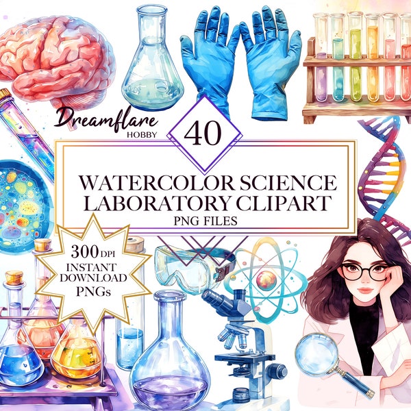 Watercolor Science Clipart Bundle, Laboratory Clipart, Biology PNG, Watercolor Medical Clipart, Chemistry, Digital Download, Commercial Use