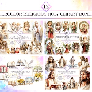 366 Watercolor Religious Holy Clipart Mega Bundle, Christian PNG, Catholic PNG, Religious PNG, Nativity Scene, Holy Week, Commercial Use 画像 3