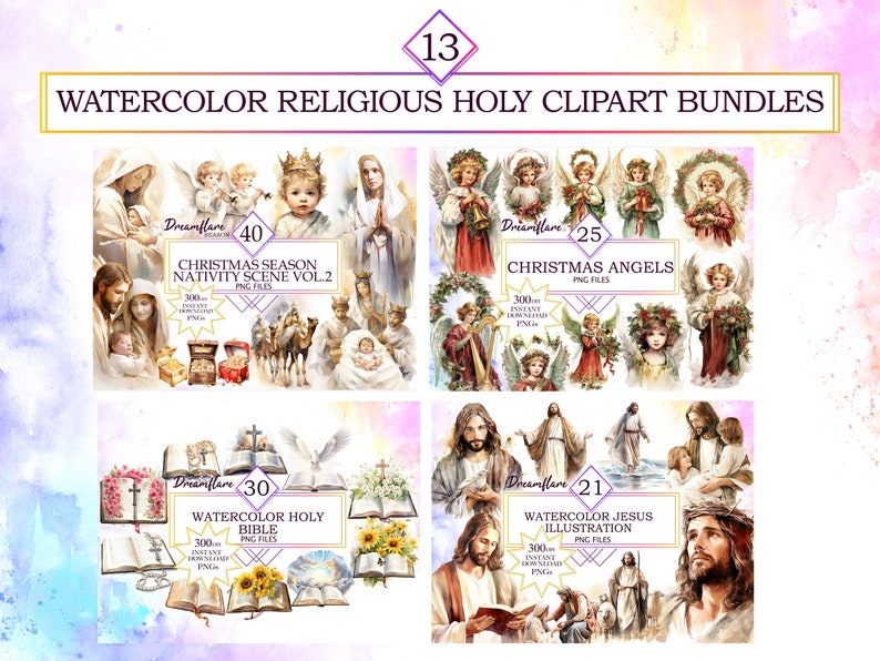 366 Watercolor Religious Holy Clipart Mega Bundle, Christian PNG, Catholic PNG, Religious PNG, Nativity Scene, Holy Week, Commercial Use 画像 3