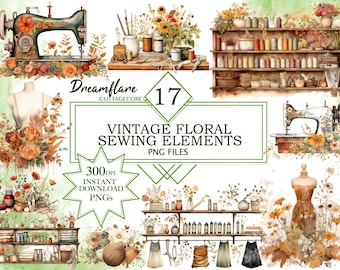 Elementi di cucito vintage Cottagecore Clipart PNG, Clipart di elementi di cucito, Arti e mestieri PNG, Clipart vintage, Stampabile, Uso commerciale
