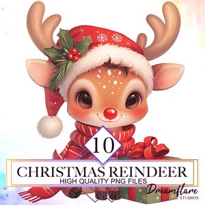 10 Cute Christmas Reindeers Clipart Bundle, Christmas PNG, Christmas Animal Clipart, Santa Claus Clipart, Digital Download, Commercial Use