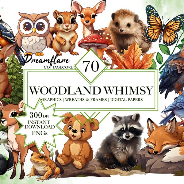 Cute Woodland Whimsy Clipart Bundle, Woodland Animals Clipart, Woodland PNG, Cottagecore Decor, Autumn PNG, Forest Plants, Digital Papers