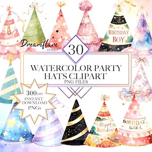 Könnte beinhalten: Ein Set mit 30 Aquarell-Partyhut-Clipart in verschiedenen Farben und Designs, darunter Geburtstags-Junge, Geburtstags-Mädchen und Happy Birthday. Die Clipart ist perfekt, um Ihren Partyeinladungen, Dekorationen und Bastelarbeiten eine festliche Note zu verleihen.