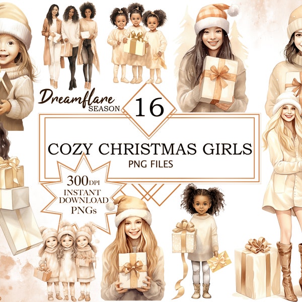 Watercolor Cozy Christmas Girls Clipart, Boho Christmas Clipart, Xmas PNG, Xmas Clipart, Cozy Rustic Xmas, Christmas Season, Commercial Use