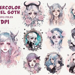 May include: A set of nine digital illustrations featuring pastel goth girls with various hairstyles, accessories, and expressions. The illustrations are in a watercolour style and feature skulls, roses, and other gothic elements.