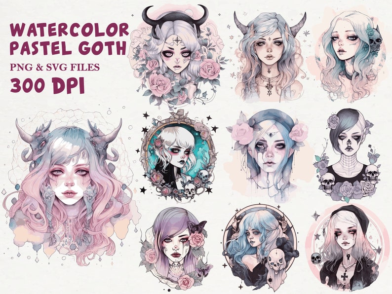 May include: A set of nine digital illustrations featuring pastel goth girls with various hairstyles, accessories, and expressions. The illustrations are in a watercolour style and feature skulls, roses, and other gothic elements.