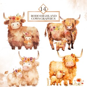 Watercolor Highland Cows Clipart Bundle Boho Floral Cow PNG Highland ...