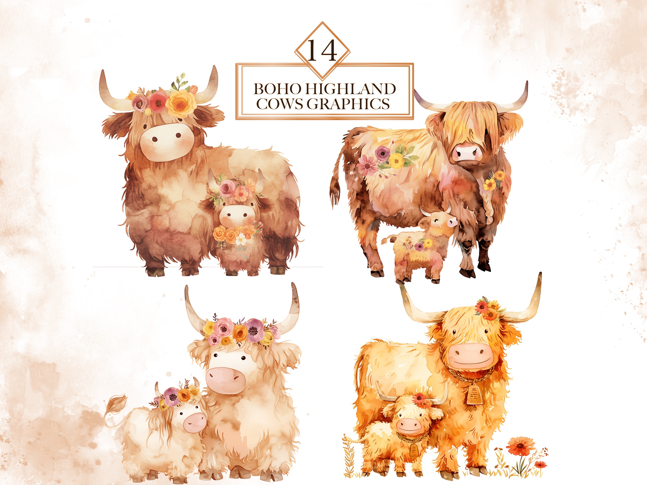 Watercolor Highland Cows Clipart Bundle Boho Floral Cow PNG Highland ...