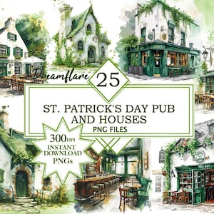 Pu&ograve; includere: Un set di 25 illustrazioni ad acquerello di pub e case irlandesi. Le illustrazioni sono in uno stile fantasioso e presentano accenti verdi. Le illustrazioni sono perfette per l'artigianato e i progetti del giorno di San Patrizio.