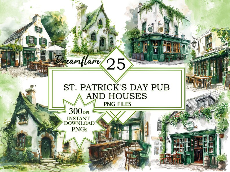 Pu&ograve; includere: Un set di 25 illustrazioni ad acquerello di pub e case irlandesi. Le illustrazioni sono in uno stile fantasioso e presentano accenti verdi. Le illustrazioni sono perfette per l'artigianato e i progetti del giorno di San Patrizio.