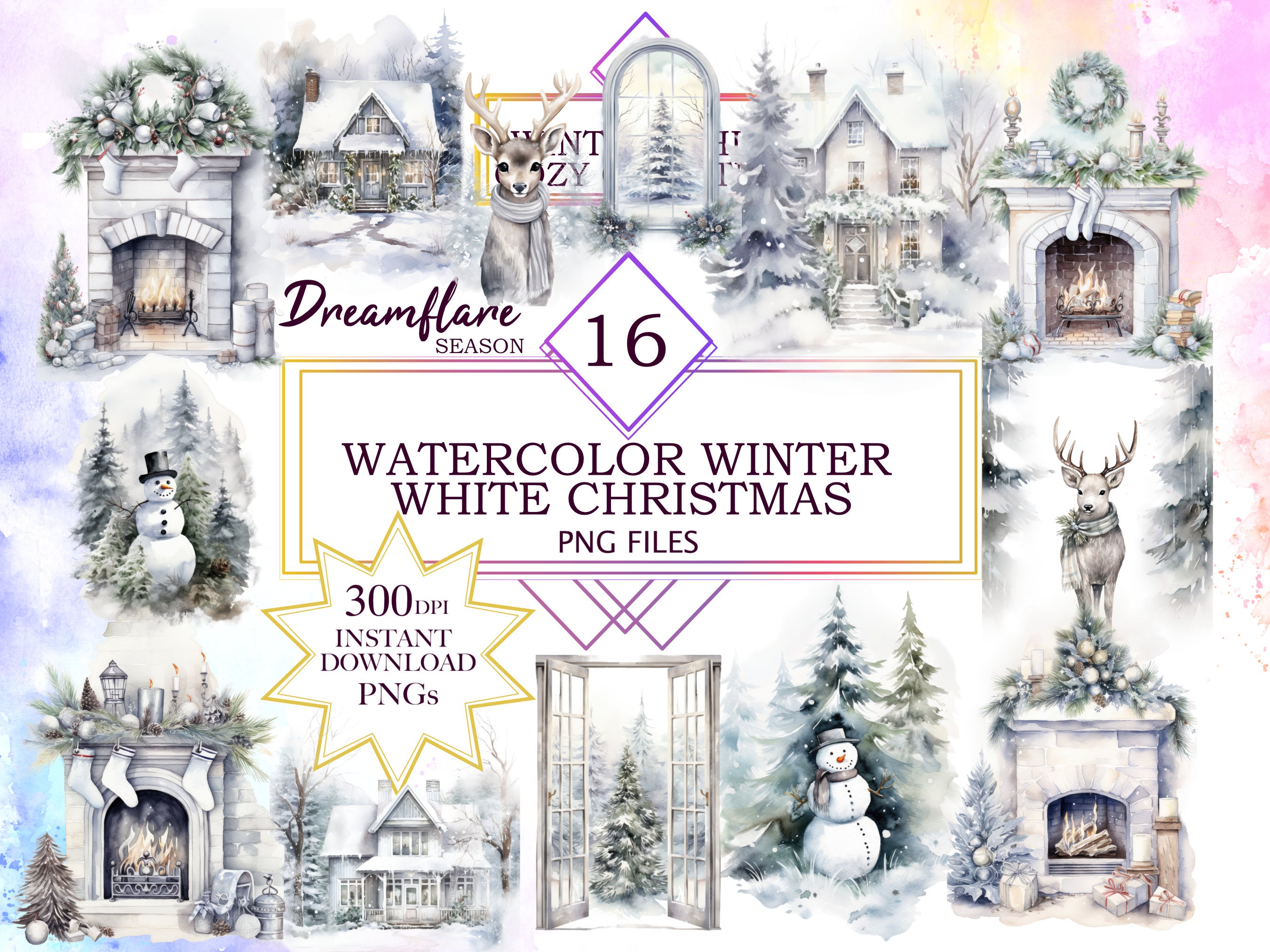 Cozy White Christmas Watercolor Clipart PNG Bundle, Winter Theme PNG, Christmas Holiday Snow Season PNG, Printable Digital, Commercial Use