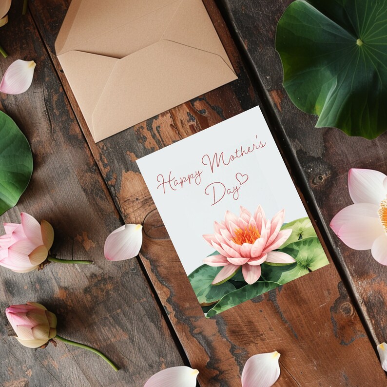 Pode incluir: Um cart&atilde;o branco com o texto "Happy Mother's Day" em escrita rosa com um cora&ccedil;&atilde;o rosa. O cart&atilde;o &eacute; decorado com um l&iacute;rio d'&aacute;gua rosa com folhas verdes.