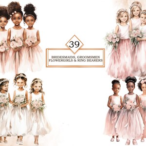 May include: A set of 39 watercolor illustrations of flower girls and ring bearers. The illustrations feature children of different ethnicities wearing white and pink dresses with floral crowns and carrying bouquets of flowers.