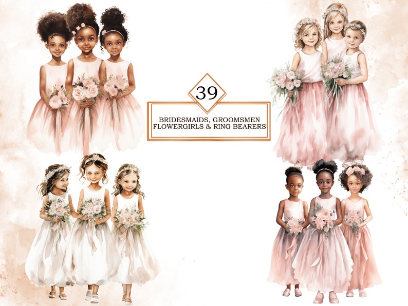 May include: A set of 39 watercolor illustrations of flower girls and ring bearers. The illustrations feature children of different ethnicities wearing white and pink dresses with floral crowns and carrying bouquets of flowers.