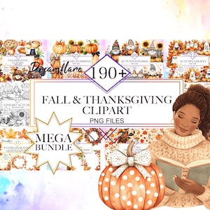 Könnte beinhalten: Ein digitales Clipart-Paket mit über 190 Illustrationen zum Thema Herbst und Thanksgiving. Die Illustrationen beinhalten Kürbisse, Gnome, Geister, Blätter und vieles mehr. Das Paket ist perfekt für die Erstellung digitaler Projekte wie Karten, Einladungen und Grafiken für soziale Medien.