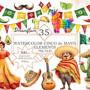 Cinco de Mayo Elements Clipart PNG Bundle, Cindo de Mayo PNG, Festival Clipart, Festival Mexicano PNG, arquivo de download digital, uso comercial