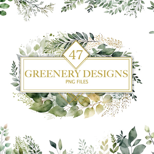 Greenery Watercolor Clipart Bundle, Botanical Plants PNGs, Flower Cliparts, Wedding Clipart, Invitation Card Clipart, Foliage Clipart