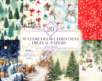 Watercolor Christmas Digital Paper PNG Bundle, Christmas Papers, Christmas Card Design, Christmas Printable Art, Christmas Card Making