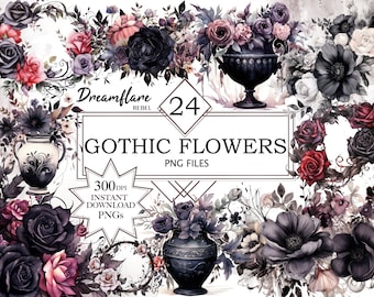 Gothic Flowers Watercolor Clipart PNG, Floral Gothic Clipart, Gothic Floral Wreaths PNG, Goth Flowers Clipart, Digital File, Commercial Use