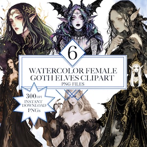 Watercolor Dark Female Elves Clipart Bundle, Black Elf PNG, Villain PNG, Gothic Clipart, Fantasy PNG, Digital Printable File, Commercial Use