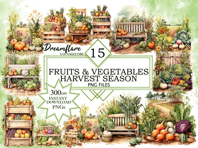 May include: A digital illustration of 15 watercolor-style clipart images of fruits and vegetables. The images include a variety of produce, such as apples, pears, grapes, pumpkins, tomatoes, onions, and carrots. The images are arranged in a collage style, with some of the images overlapping. The text "Dreamflare Cottagecore" and "Fruits & Vegetables Harvest Season" is included in the image.