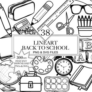 Lineart Back To School PNG SVG Clipart, Digital Stamp, Back To School svg bundle, School Supplies svg, Digital Download, Commercial Use