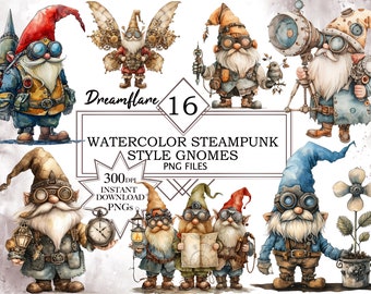 Paquete de imágenes prediseñadas Steampunk Gnome, estilo acuarela Steampunk PNG, imágenes prediseñadas de Gnome, imágenes prediseñadas Steampunk, archivo de descarga digital, uso comercial