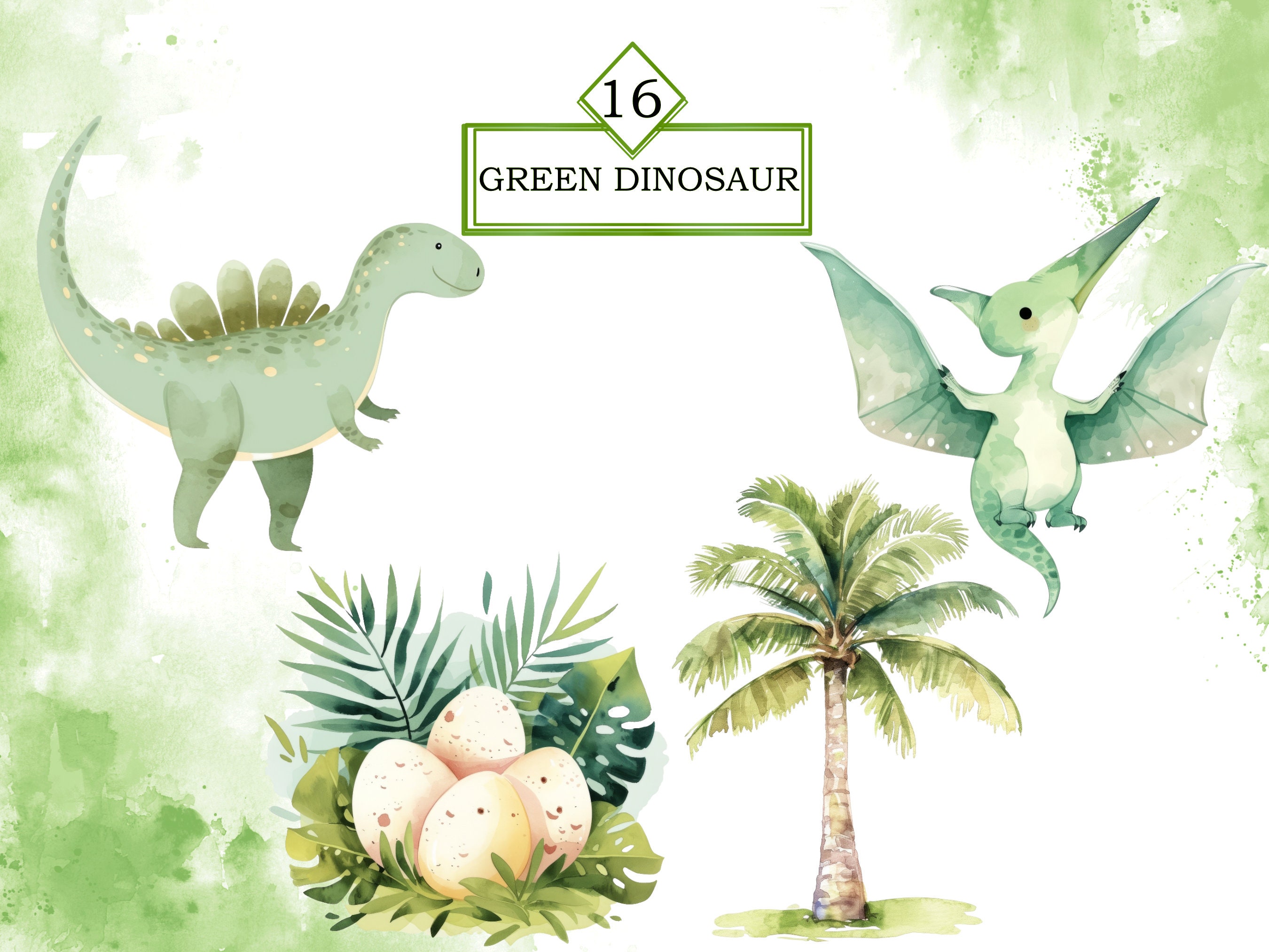 Watercolor Green Baby Dinosaur Clipart PNG Bundle, Baby Shower, Nursery ...