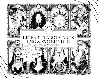 Lineart Tarot Cards PNG SVG Bundle, Tarot Cards svg, Gothic Clipart, Witch Clipart, Digital Illustration, Wiccan PNG File, Commercial Use
