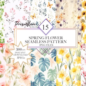 Könnte beinhalten: Ein Set mit 15 digitalen nahtlosen Mustern mit Aquarell-Illustrationen von Frühlingsblumen. Die Muster umfassen Sonnenblumen, Lilien, Kirschblüten, Narzissen und Blattranken. Die Muster sind perfekt für die Erstellung digitaler oder gedruckter Projekte.