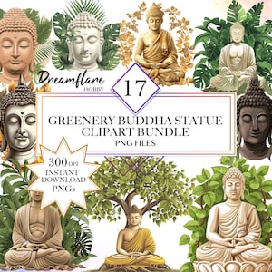 以下が含まれることがあります： 緑に囲まれた17体の仏像のデジタルクリップアートバンドル。像は様々なポーズで描かれており、リアルなスタイルで表現されています。クリップアートは、デジタルデザイン、招待状、その他のプロジェクトの作成に最適です。
