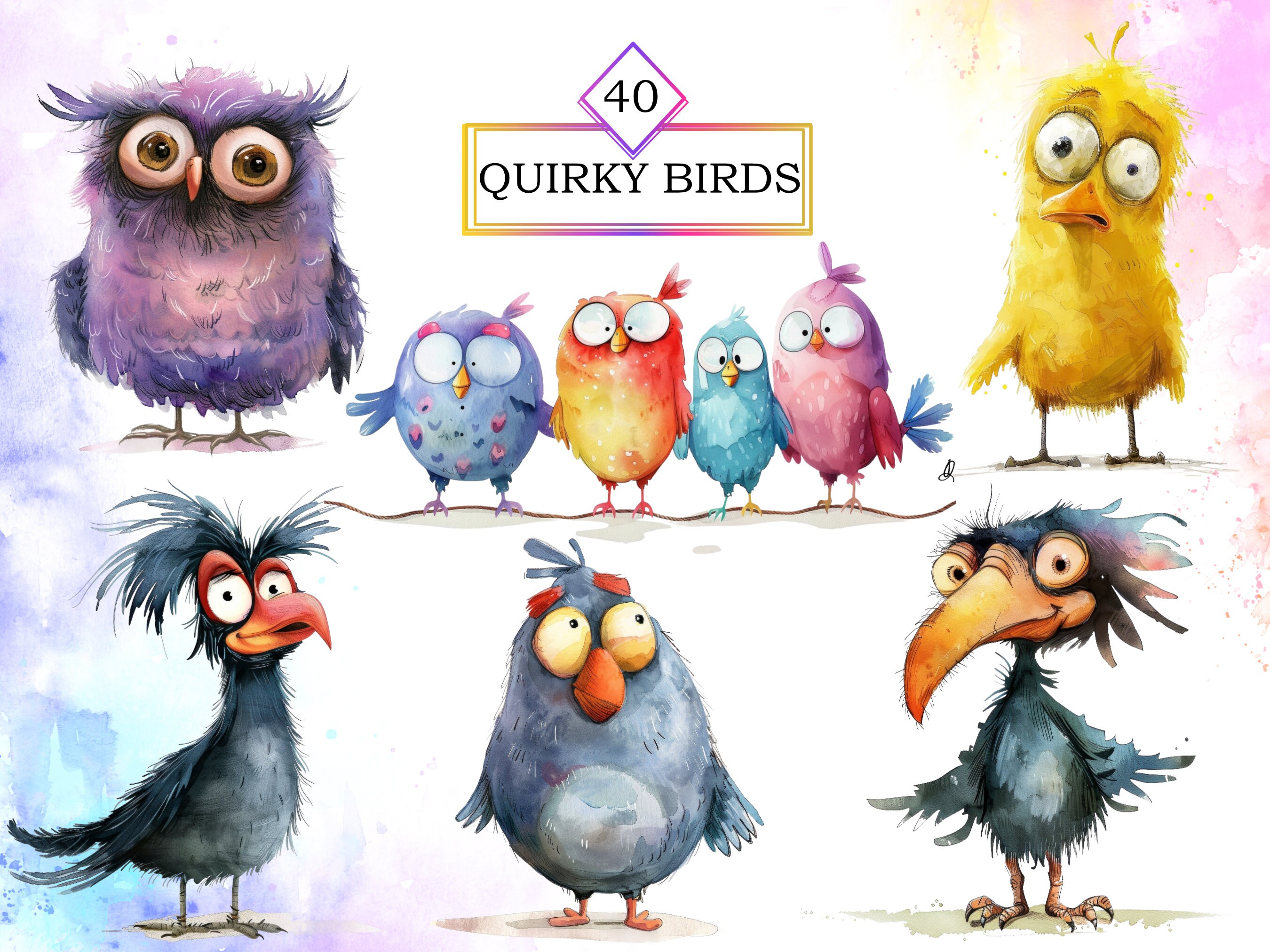 40 Funny Quirky Bird Clipart PNG Bundle Illustrations, Whimsical Birds ...