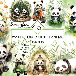 May include: A set of 45 watercolor illustrations of cute pandas in various poses. The pandas are surrounded by green foliage, bamboo, and flowers. The text "Dreamflare Cottagecore Watercolor Cute Pandas PNG Files" is displayed on the image.