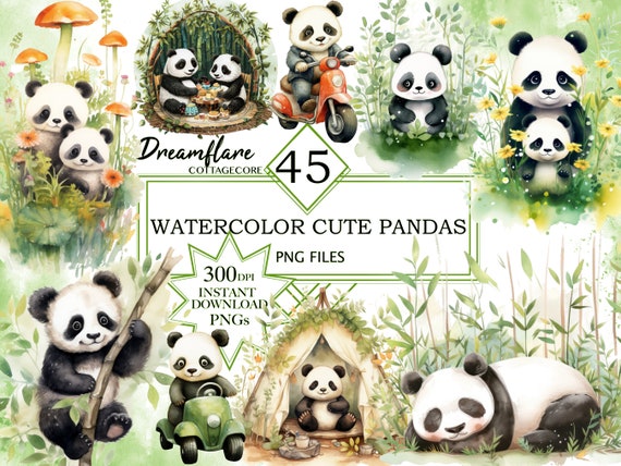 45 Watercolor Cute Pandas Clipart Bundle, PNG Nursery Decor Panda, Adorable, Cute Panda PNG, Panda Clipart, Digital File, Commercial use