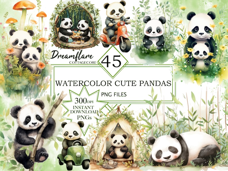 May include: A set of 45 watercolor illustrations of cute pandas in various poses. The pandas are surrounded by green foliage, bamboo, and flowers. The text "Dreamflare Cottagecore Watercolor Cute Pandas PNG Files" is displayed on the image.