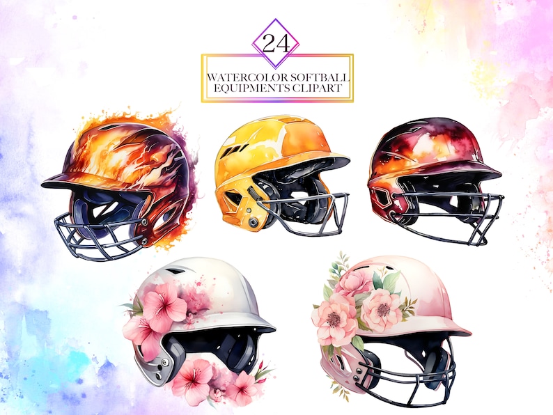 May include: Watercolor clipart set of 24 softball helmets in various colors and designs, including a yellow helmet, a red helmet, a helmet with flames, and a helmet with flowers.