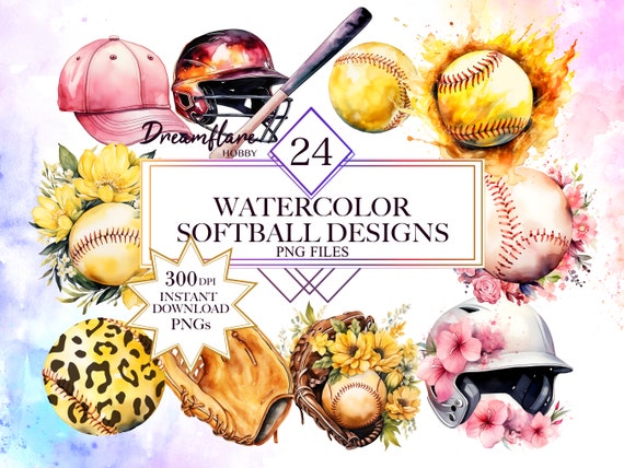 Watercolor Softball Clipart Bundle, Softball PNG, Sports PNG, Softball Equipment Clipart, Watercolor Sublimation, Commercial Use