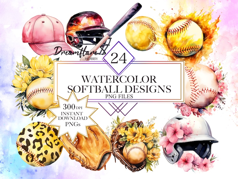 May include: Watercolor illustrations of softball designs, including a baseball cap, helmet, glove, and balls. The designs are perfect for crafting, scrapbooking, and other creative projects.