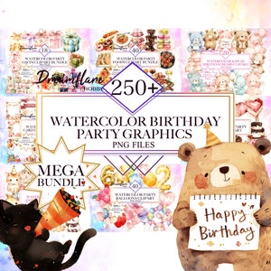 Clipart de festa de aniversário em aquarela Mega Bundle, clipart em aquarela de aniversário, decoração de cartão de aniversário, arquivo digital imprimível, uso comercial